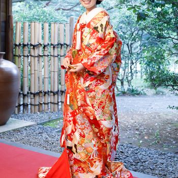 真っ赤で明るい鶴の色打掛