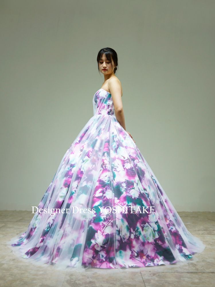 パープル系の花柄ドレスに白チュールをかけたカラードレス(パニエ付 購入可能 白ドレス、花柄 ひざ丈ワンピース