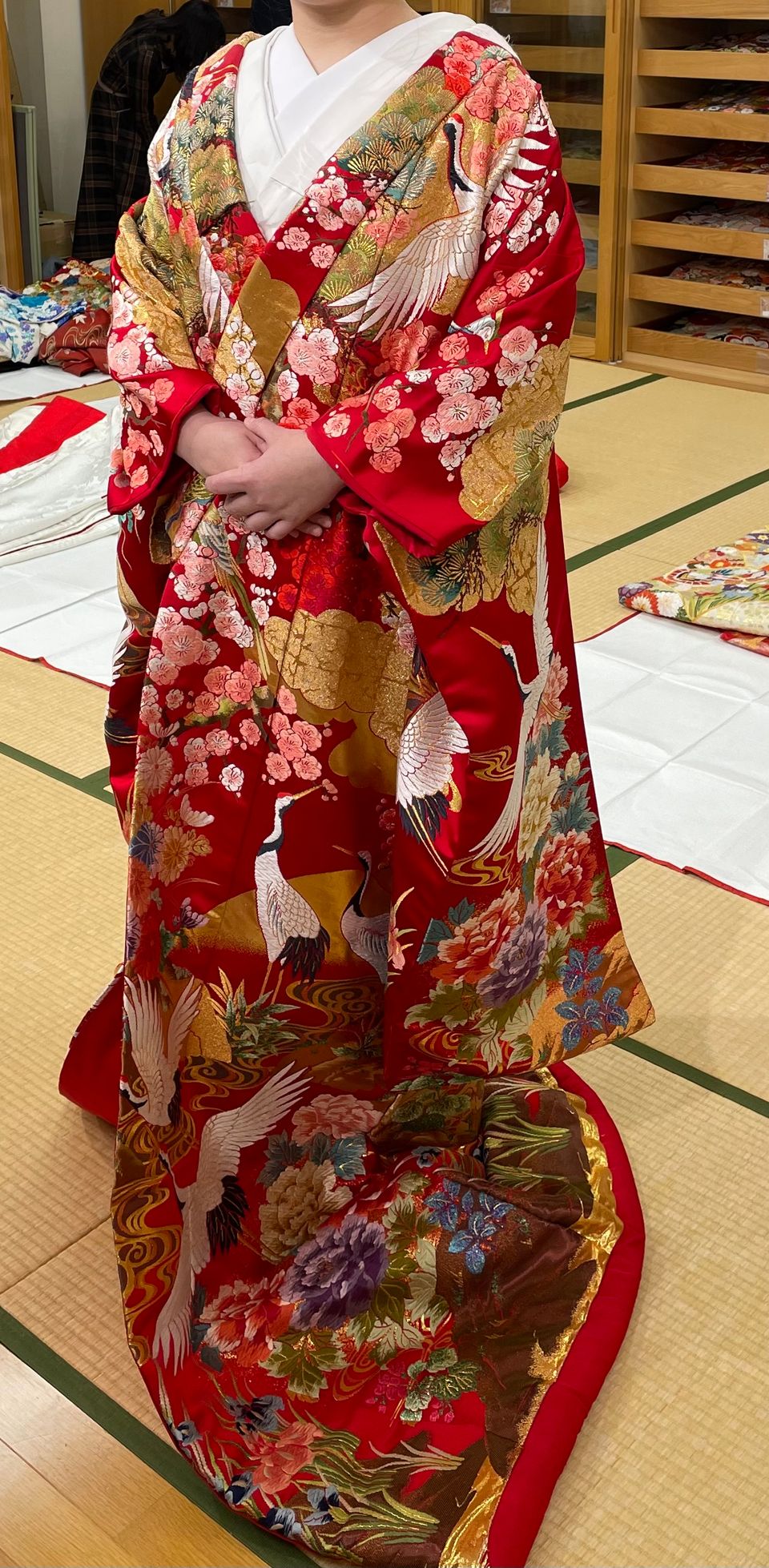 赤地に鶴の色打掛